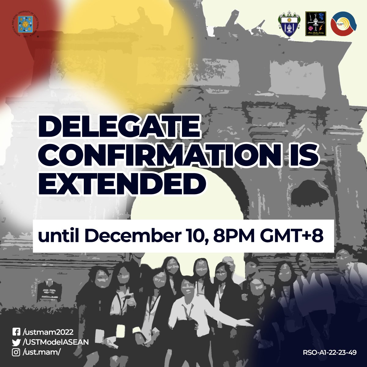 USTModelASEAN's tweet photo. 𝔻𝕖𝕝𝕖𝕘𝕒𝕥𝕖 ℂ𝕠𝕟𝕗𝕚𝕣𝕞𝕒𝕥𝕚𝕠𝕟 - 𝔼𝕏𝕋𝔼ℕ𝔻𝔼𝔻! 📢

Good news, aspiring delegates! The period for delegate confirmation is 𝐞𝐱𝐭𝐞𝐧𝐝𝐞𝐝 𝐮𝐧𝐭𝐢𝐥 𝐃𝐞𝐜𝐞𝐦𝐛𝐞𝐫 𝟏𝟎, 𝟐𝟎𝟐𝟐 (𝟖:𝟎𝟎 𝐏𝐌 𝐆𝐌𝐓+𝟖). https://t.co/fMM8eHg9qB