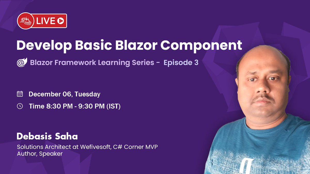 CsharpCorner's tweet image. Join @debasiskolsaha for the next session of Blazor Framework Learning Series - "Develop Basic Blazor Component" on December 6 at 08:30 PM (IST).
Read more and register here>> bit.ly/3XmKwbi
#Blazor #BlazorFramework #WebApplications #Csharp