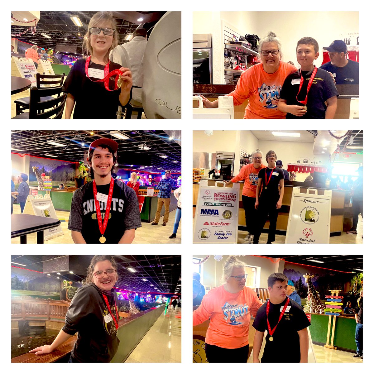 FSDKnightsSO's tweet photo. Our 2022-2023 Special Olympics team competed in the SE Area Bonne Terre Bowling tournament this weekend.  All of our athletes received a gold medal!  We are quite proud of your hard work!! #knightsR7 https://t.co/8A5vPm1BJK
