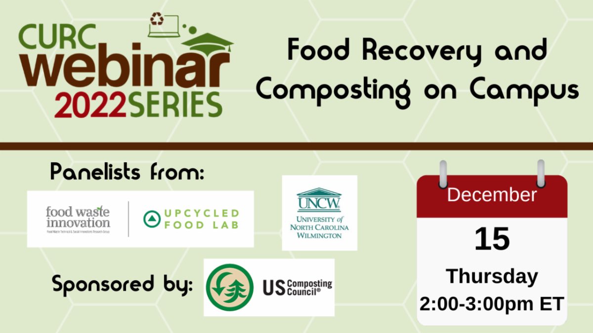 Please join us on Dec 15, 2pm EST for our last webinar of the 2022 series: “Food Recovery and Composting on Campus”. 

Register here - us06web.zoom.us/webinar/regist…