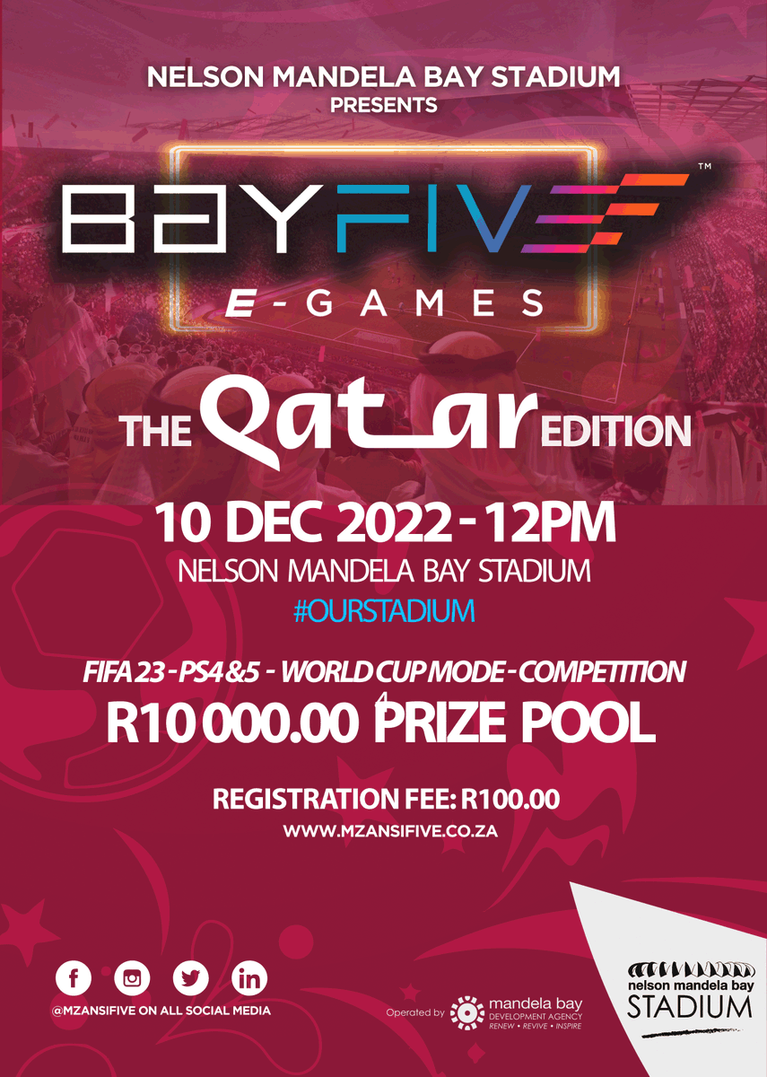 MzansiFive's tweet photo. We are back with a #Qatar Edition for #PS4 &amp; #PS5 competition on Saturday the 10 Dec 2022 at the @NMBStadium. With R10 000.00 prize pool it is going to be lit. Register here: https://t.co/PxF8sN5cQH to compete or buy tickets for friends and family. #KeDezembaBoss #OurStadium https://t.co/5TiTS8TUVV