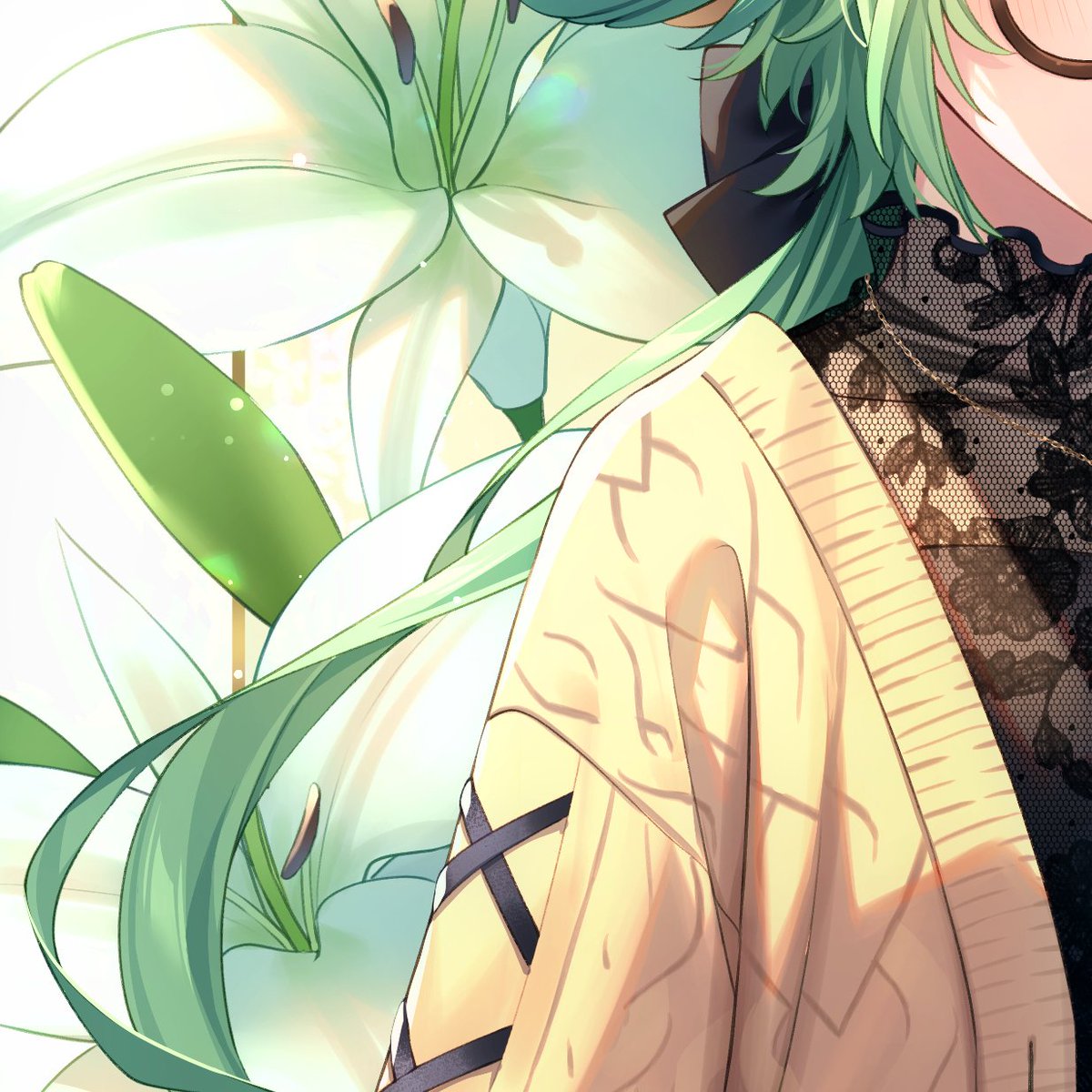 sucrose (genshin impact) 1girl solo flower green hair glasses long hair blush  illustration images