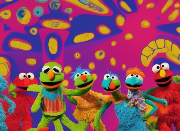 platdude's tweet photo. "Sesame Street on Acid.  Surreal multicoloured trippy psychedelic puppetry" - made with @NightCafeStudio 

https://t.co/IXLlsACqmO

#aiart #nightcafe #digitalart https://t.co/wkoukg4EEf