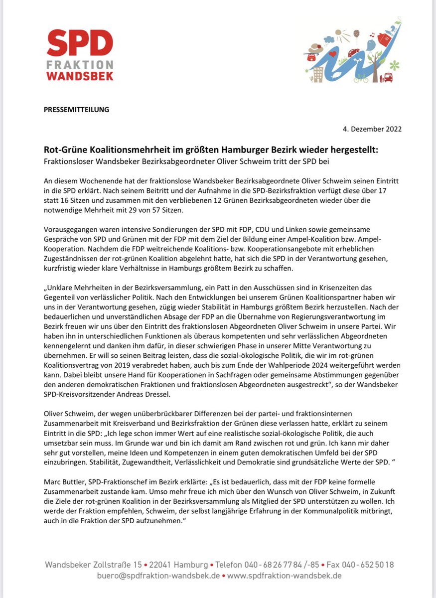 ADressel's tweet photo. Angekommen in der @spdhh #Rahlstedt😉 - der fraktionslose Bezirksabgeordnete Oliver #Schweim ist der @spdde beigetreten, soll in @spdfrakwandsbek aufgenommen werden, die dann 17 Abg. hat. Die rot-grüne Koalition hat dann wieder eine Mehrheit mit 29 Sitzen. https://t.co/eQlMWQ7wRZ