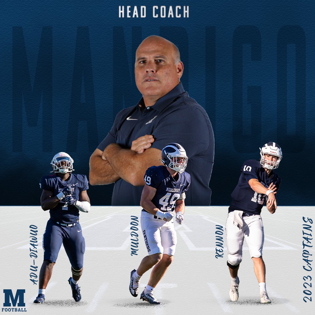 Middlebury Football (@middfootball) on Twitter photo We are excited to announce our next head coach, Doug Mandigo, and our 2023 captains, Kwesi Adu-Diawuo, Finn Muldoon, and Cole Kennon We are excited to announce our next head coach, Doug Mandigo, and our 2023 captains, Kwesi Adu-Diawuo, Finn Muldoon, and Cole Kennon