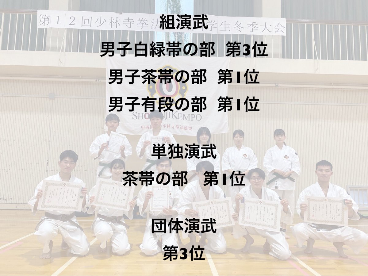 SHUDO_SHORINJI's tweet photo. お久しぶりです！
広島修道大学少林寺拳法部です🐶

12/4(日)に、香川大学にて冬季中四国大会に出場しました！
部員全員が楽しみながら、成果を発揮した大会でした。

これからも来年に向けて、頑張っていきます💪🔥 https://t.co/SH62Sog4zp