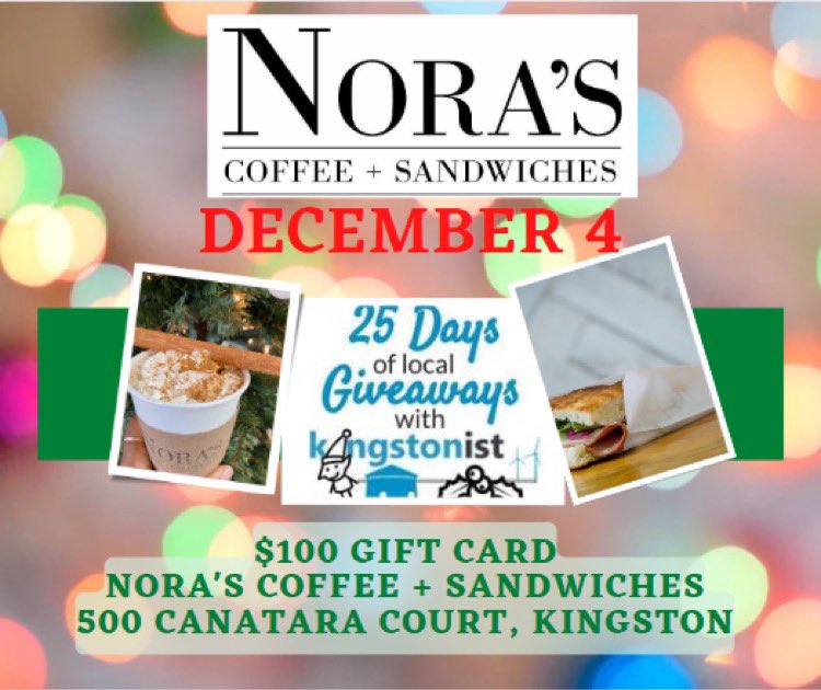 kingstonist's tweet photo. Day 4!
Today we have a $100 GC from Nora’s Coffee + Sandwiches! To enter, just:
1) share this post
2) follow https://t.co/uaeiltIPee
3) follow us

That’s it! Good luck! https://t.co/k2c45o508E