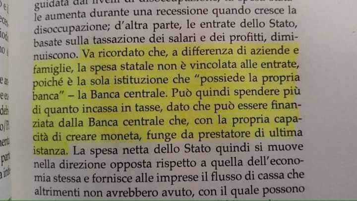 «Va ricordato che, a differenza di aziende e famiglie, la spesa statale non è vincolata alle entrate, poiché è la sola istituzione che "possiede la propria banca" - la Banca Centrale.