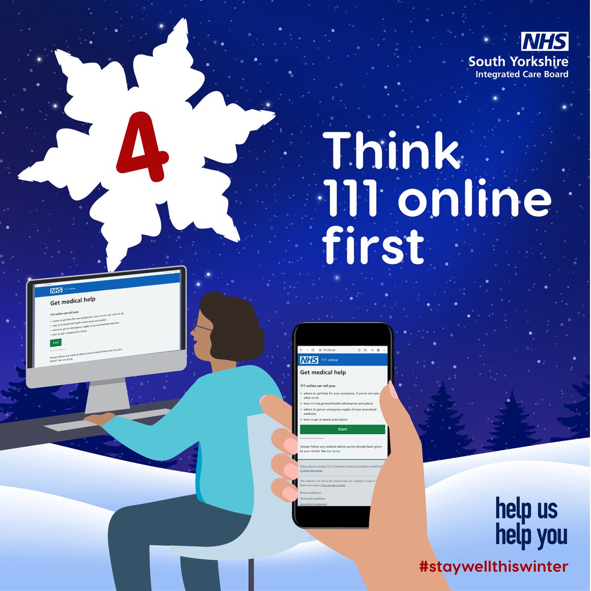 SYhealthcare's tweet photo. NHS 111 online offers health advice and information. Go online to https://t.co/QnT4HUC7rs if you are ill and have questions about your health and where you should go to get treated. #Think111Online #StayWellThisWinter #HelpUsHelpYou #Adventcalendar https://t.co/tT7lCRlJjO
