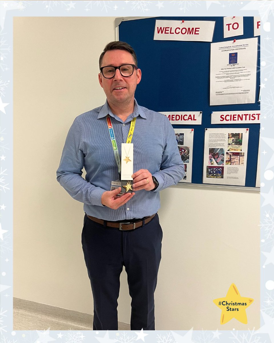 AlderHey's tweet photo. Meet Andy 👋 He's been acting Haematology &amp; Blood Transfusion Lab Manager for the last year due to maternity leave! He's today's #ChristmasStars ⭐ award winner &amp; wanted to dedicate it to his team, who provide blood tests &amp; transfusions in multiple specialist services 👏👏👏 https://t.co/3LKYl2hFAR
