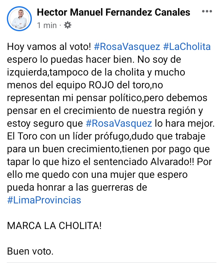 HectorFelipeFe1's tweet photo. Mi querida #RegionLima hoy se juega su futuro al igual q otras regiones peruanas. Una pena q @FuerzaPopular__ no haya llevado candidatura,otra hubiera sido la historia. Pero de las dos izquierdas me quedo con #RosaVasquez Debemos seguir creciendo. Honra a las mujeres de #Lima https://t.co/Bs3IstxQDq