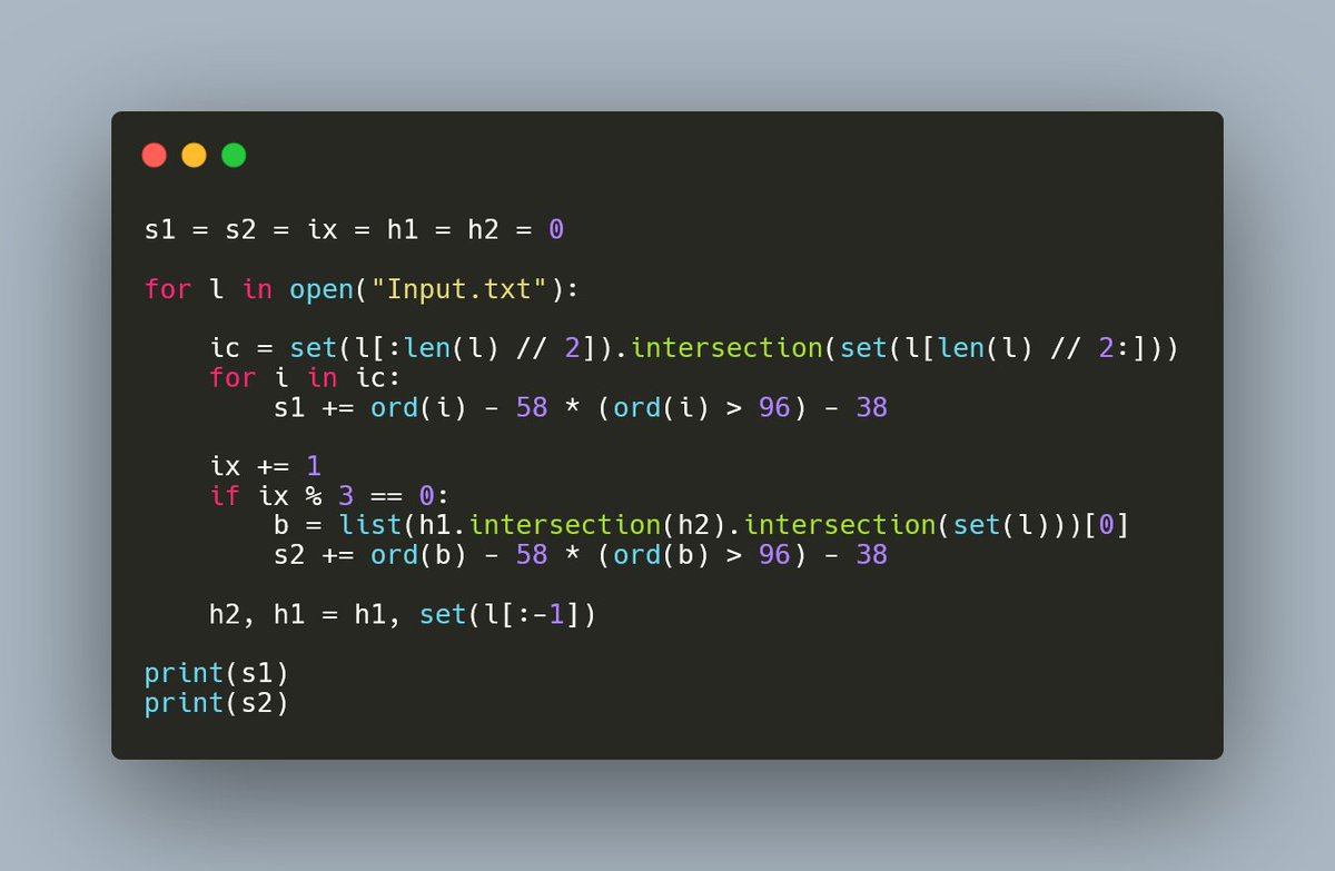 hieristdavid1's tweet photo. This is my [day 3], sets and intersections made this very easy. Also contains some evil ASCII Code Magic from day 2 :)

#AdventOfCode #AdventOfCode2022 https://t.co/VWfhF3787L
