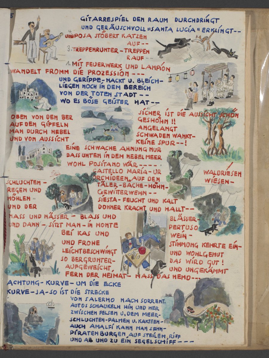 The V&amp;A Archive of Art &amp; Design collects designers' personal records like this charming poetic travelog. 

German designer Charlotte Bondy sent this to husband Paul. It shows their dogs enjoying the sights of Santa Lucia and Amalfi #EYALanguages #archives #EnjoyYourArchive