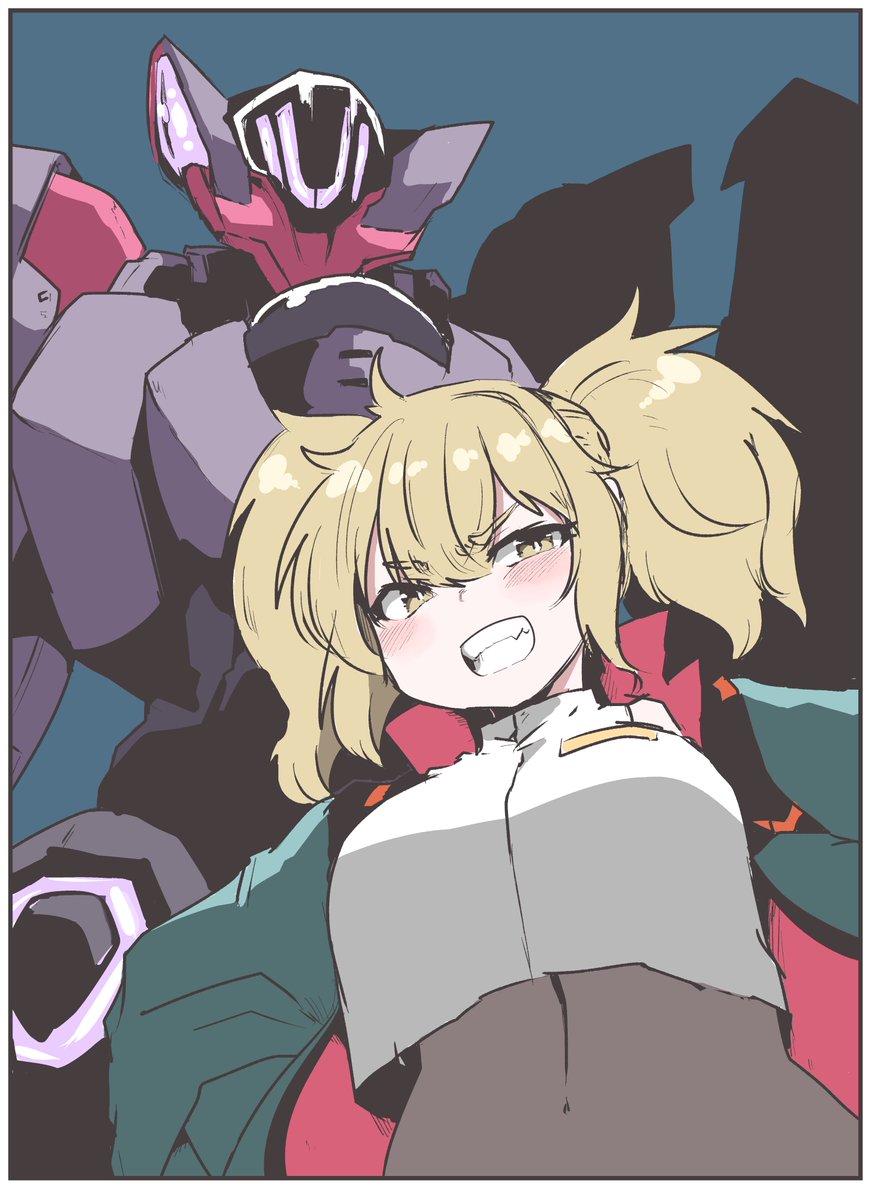 1girl jacket green jacket blonde hair mecha twintails robot  illustration images