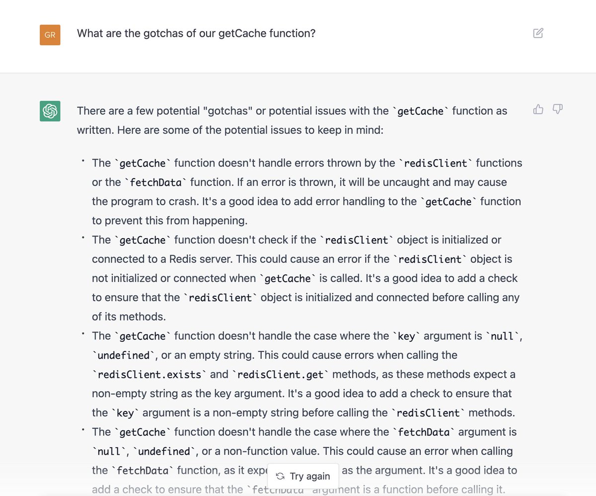 funtusov's tweet photo. I'm now convinced ChatGPT can be used instead of a junior developer. 

In: a defined task + 5 lines of feedback.

Out: a caching module in TS with a Redis backend, that support "stale while revalidate" etc.

I then asked it to give itself feedback, and it refactored the code! 🤯 https://t.co/vxoCq9mZoX
