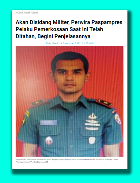 JournalisSocmed's tweet photo. Dalam kasus pemerkosaan yang dilakukan oleh Perwira Paspampres berpangkat Mayor terhadap perwira muda perempuan dari kesatuan Kostrad.

Pusat Polisi Militer TNI Angkatan Darat (Puspomad) telah menetapkan pelaku sebagai tersangka.
https://t.co/BZWmCTkKdE

semeru | Minggu | Nasdrun https://t.co/1jmz6cupHR