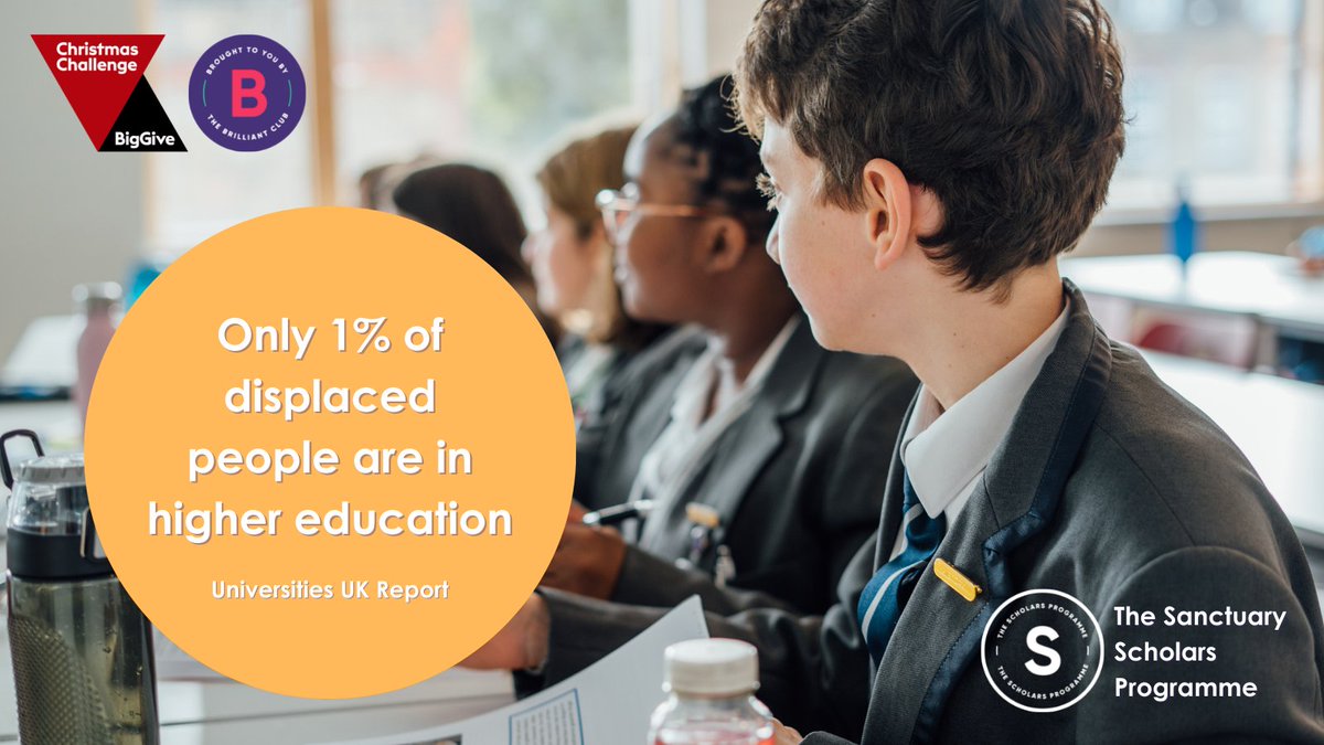 BrilliantClub's tweet photo. Everyone has the right to an education. Only 1% of displaced people are in higher education in the UK and we want to change that - with your help!

We're raising £8000 for The Sanctuary Scholars Programme, and any Big Give donation will be DOUBLED here https://t.co/ZJEz8Q6qUT💛 https://t.co/8SFnB2Qu2F