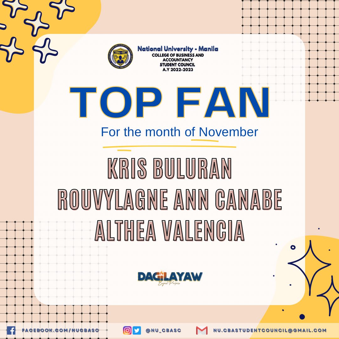 NU_CBASC's tweet photo. Bidang-bida ka-CBA! 🐾

• Kris Buluran
• Rouvylagne Ann Canabe
• Althea Valencia

We want to thank you once more for your unwavering support and we hope that you will continue showing this to us. It is with great honor to serve you.

#OneCBA 
#DAGILAYAW https://t.co/yeQwLrGBc3