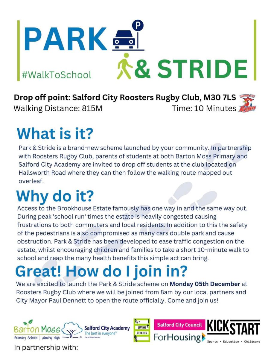 Help reduce traffic on the Brookhouse estate by using the park and stride drop off at Salford Roosters Rugby Club.  We launch the scheme tomorrow and food &amp; drink will be available to purchase daily from the clubhouse.  <a href="/BartonMossCPS/">BartonMossCPS</a> <a href="/woolley_mrs/">Mrs Woolley</a> <a href="/wearekickstart/">Kickstart</a>