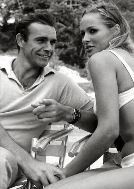 Scottish actor Sean Connery as  MI6 Agent James Bond and Swiss actress Ursula Andress as Honey Ryder, on the set of Dr. No 1962.