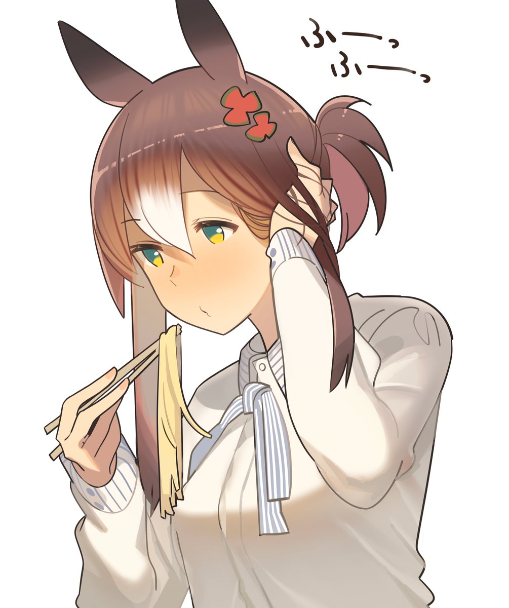 fine motion (umamusume) 1girl solo animal ears chopsticks horse ears clover hair ornament brown hair  illustration images