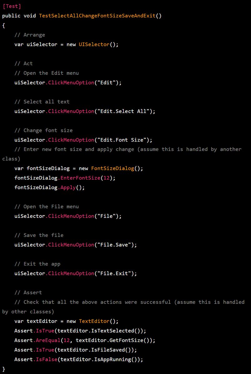 AlvinStanescu's tweet photo. Now, given these I can ask it to generate a test case in say C#. Some tweaking was required - had to tell it that there is an interface to get a selector for an option, but it mostly figured things out on its own. https://t.co/zkFedeH2LY