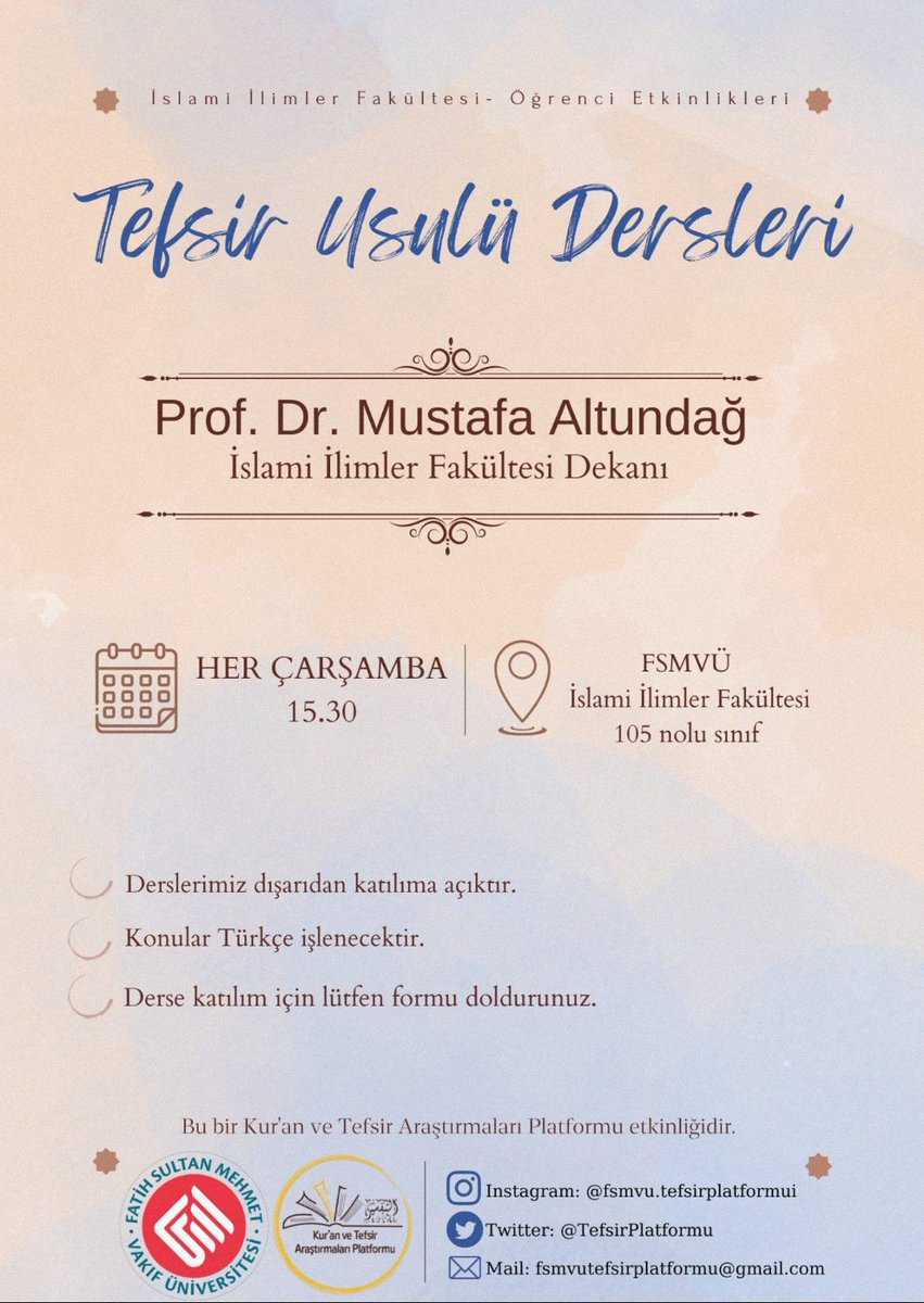 Prof. Dr. Mustafa Altundağ Hocamız ile "Tefsir Usulü" derslerimiz 7 Aralık Çarşamba günü saat 15.30'da başlıyor!

Dersin detaylarını öğrenmek için lütfen forma giriş yapınız. 👇🏻
forms.gle/SqTZV2kpi6bWL5…