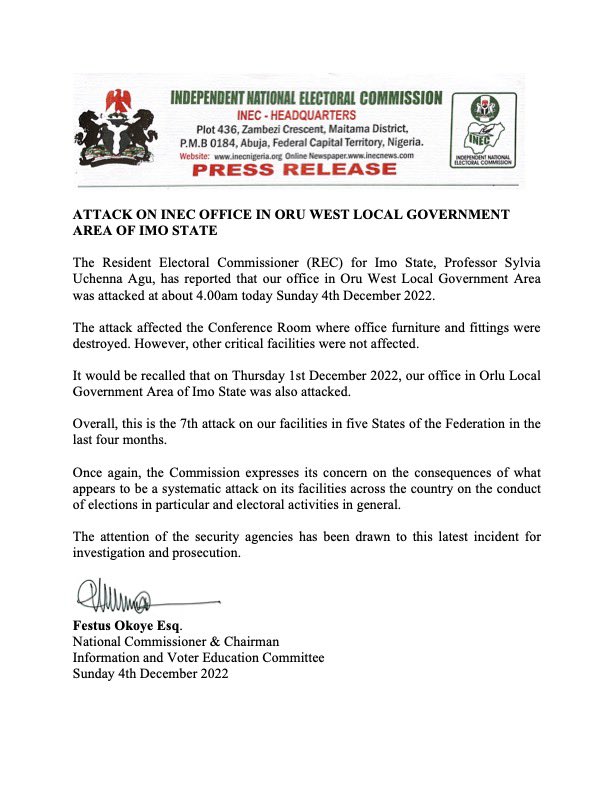 inecnigeria's tweet photo. PRESS RELEASE
Attack on INEC Office in Oru West Local Government of Imo State

“Overall, this is the 7th attack on our facilities in five States in the last four months” https://t.co/dMHm8ZPFLk