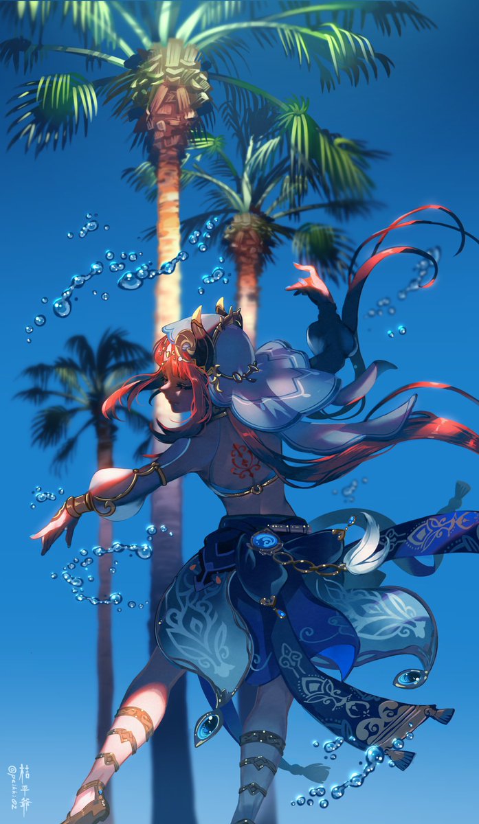 nilou (genshin impact) 1girl back tattoo solo red hair palm tree veil tree  illustration images