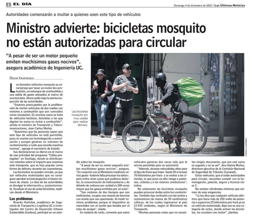 MTTChile's tweet photo. #PrensaMTT🗞 Los vehículos “mosquito” no están autorizadas para circular y serán fiscalizados : ya que no cuentan con homologación y generan un volumen de contaminantes y ruido que está sobre la norma.

+info en la nota de @lun 

https://t.co/RadaNAugdX https://t.co/o7T7bnUONB