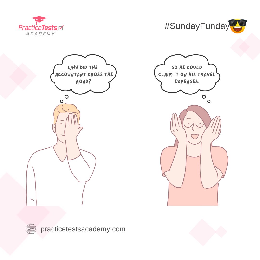 PracticeTestsA's tweet photo. What better reason is there to cross the road than to claim it on your travel expenses? π
It's good to be an accountant!βπ₯³
Happy Sunday folks! #SundayFunday
-
.
#sundayfunday #cimastudents #accastudents #cima #acca #cimahumour #accountinghumour #studenthumour #accounting https://t.co/sV9DoPpTmL