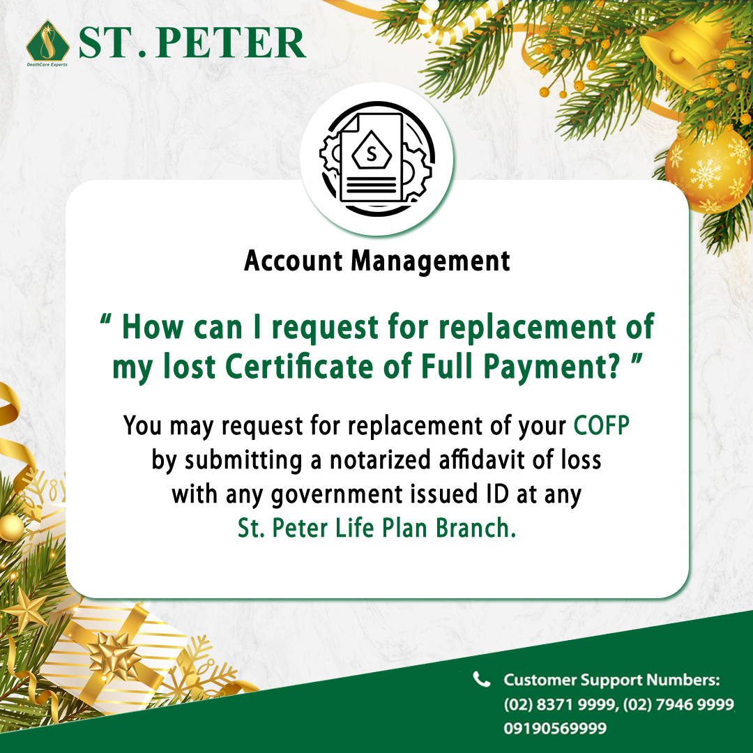 stpeterlifeplan's tweet photo. You can request for replacement of lost Certificate of Full Payment by presenting a notarized affidavit of loss and a government-issued ID.
Want to know more visit: https://t.co/rIi9Lp2xKK
For more questions, email us at:
lifeplanandchapels@stpeter.com.ph
#StPeter
#StPeterFAQ https://t.co/OvHgqKcJj5