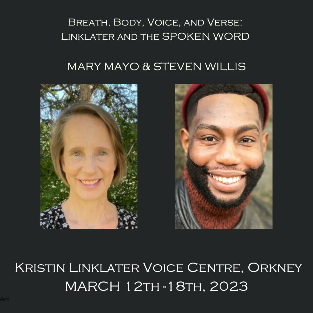 Residential workshop 2023 - Linklater and the SPOKEN WORD with Mary Mayo and Steven Willis.
Breath, Body, Voice and Verse.

There will be daily Linklater Voice voice and body warm-ups. 

Book your place here: bit.ly/3EWa8n3