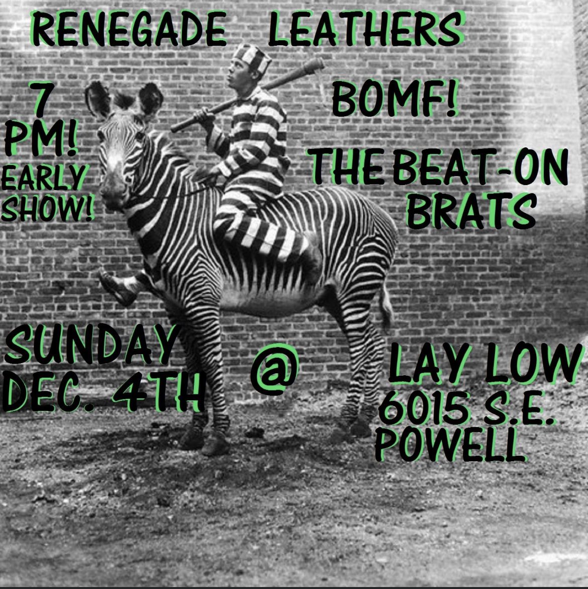BOMF_PDX's tweet photo. Tonight! 12/04/22 7pm at the Lay Low Tavern in Portland at SE 60/Powell, Renegade Leathers, BOMF! and The Beat-On Brats are gonna rock out with their rocks out! $5 at the door. #pdxpunk #portland #punkrock https://t.co/eMa3ofAWNI