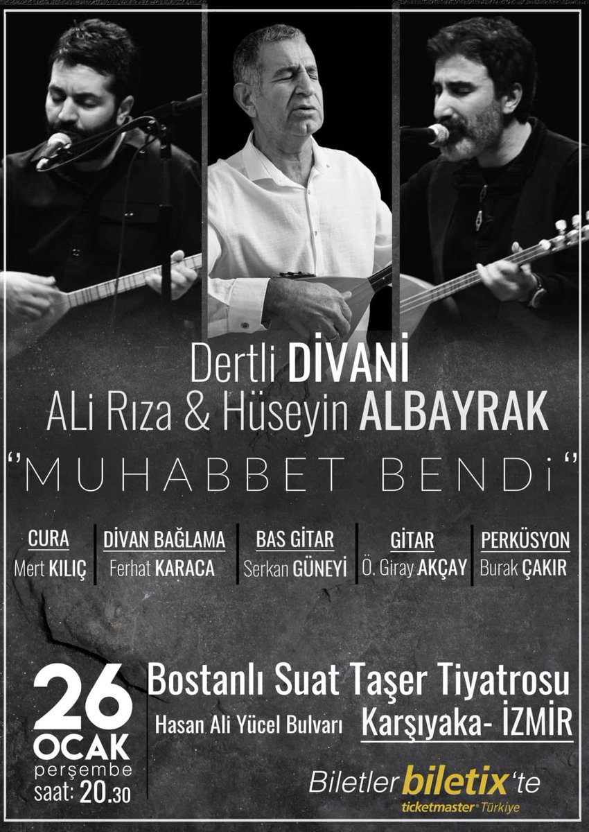 İzmir’deki dostlarımızı bekleriz.

BİLET TEMİN ⬇️

biletix.com/etkinlik/2CRE2…

#hüseyinalbayrak #alirızaalbayrak #dertlidivani #konser #izmir
