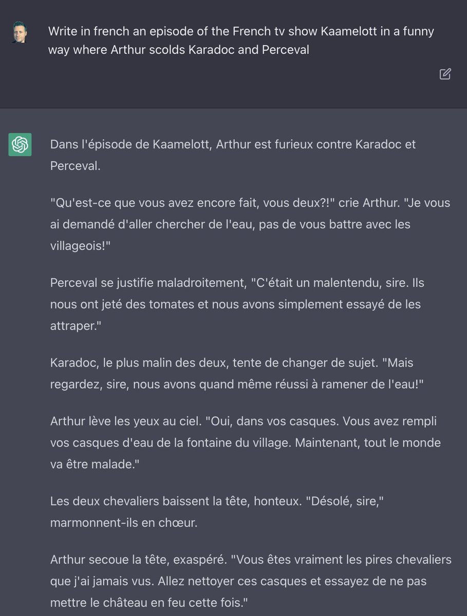 Salut <a href="/AAstierOff/">Alexandre Astier</a> … vous avez encore un peu de marge contre OpenAI mais attention à vos miches quand même !

<a href="/Kaamelott_tweet/">Kaamelott officiel</a> -> chat.openai.com/chat

#Kaamelott #chatgpt3