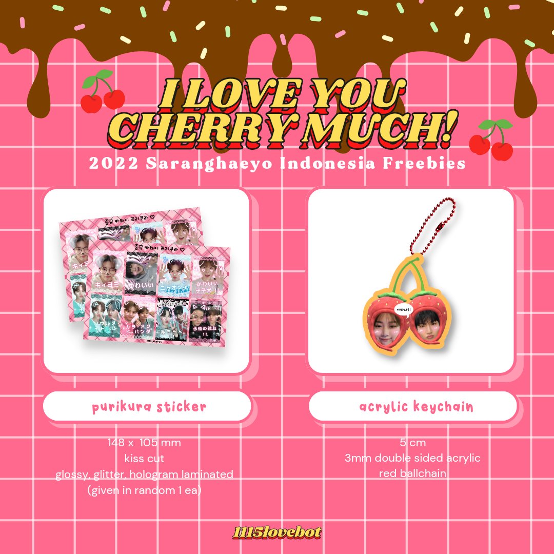 1115lovebot's tweet photo. (rt &amp; likes appreciated !! )

[🍒] i love you cherry much!
↳ treasure freebies for #SHI2022 !!

📆 11th dec 2022
📍 istora senayan
💭 more details on pic, pls read carefully &amp; see u teume !! 🍒 https://t.co/GL5pgKV6sS