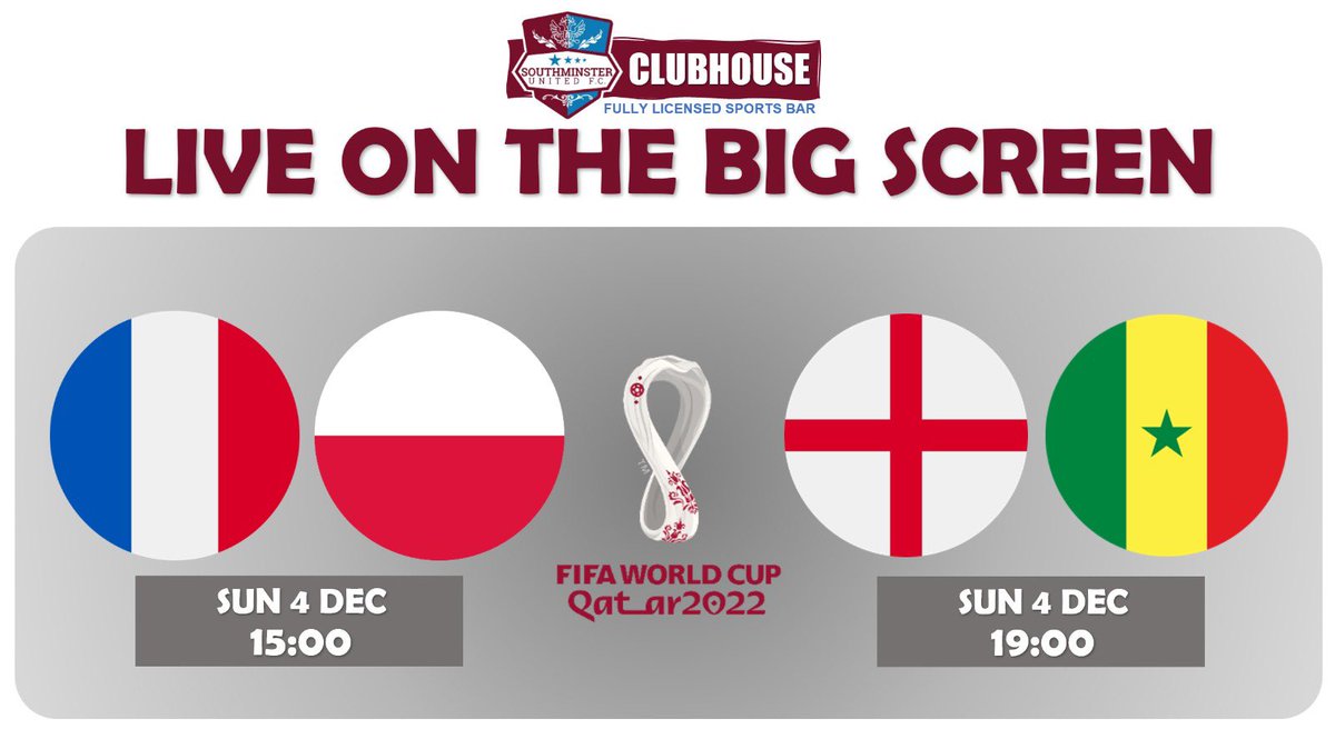 📺 LIVE ON THE BIG SCREEN

The clubhouse will be showing both #FIFAWorldCup Last 16 matches today. 

#UTCE #ClaretEagles