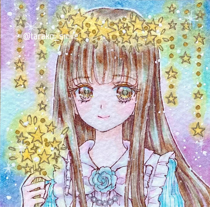 #ぺたりずむ展サテライト星の花束お星様を冠にしたり花束にしたりしたいなぁと思って描きました☆画像ではわかりにくいですが、原画はどれもキラキラしています#豆色紙 