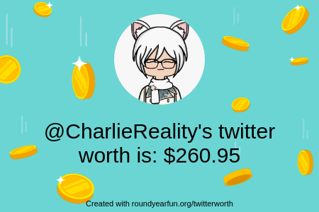 CharlieReality's tweet photo. My Twitter worth is: $260.95

Find yours with https://t.co/nCMJoK70Nc

⠀ https://t.co/LF7dKzJpqM