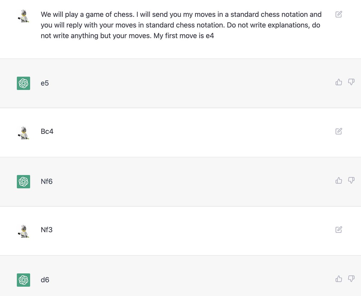 You can play chess with #ChatGPT, but it appears it's not very good at it. Curious to see how much better it could get with simple fine-tuning on a large base of chess plays.