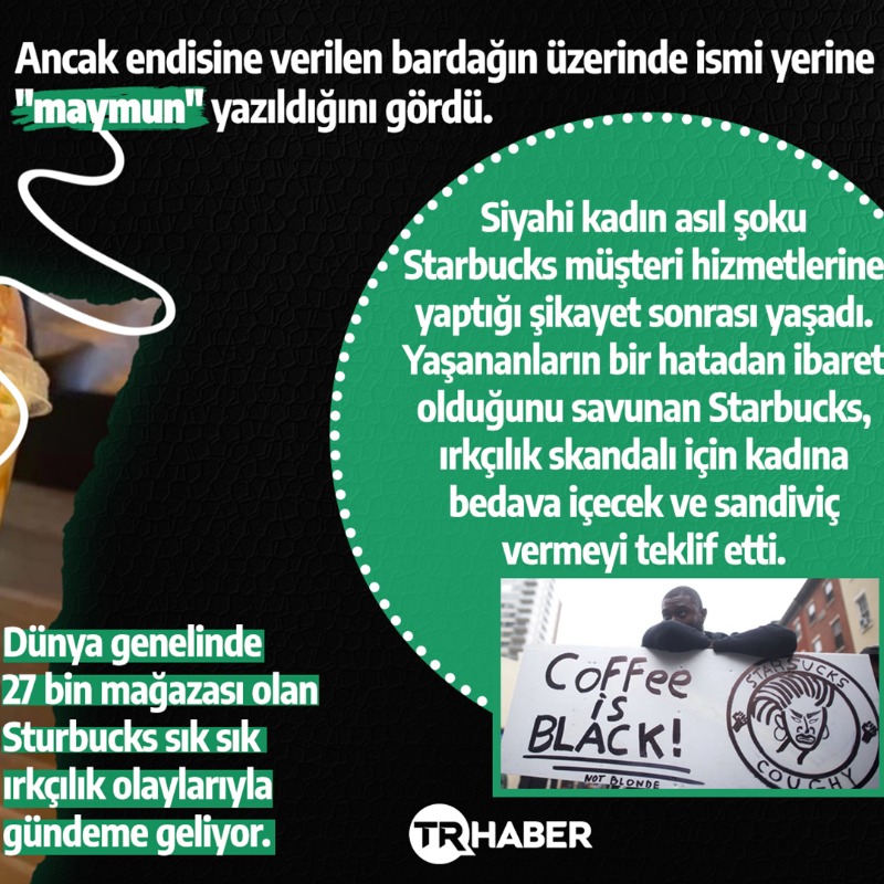 trhaber_com's tweet photo. 🔴 Dünyaca ünlü kahve zincirinde yaşanan ırkçılık skandallarının ardı arkası kesilmiyor. 

📌 ABD'nin Maryland Starbucks şubesine giden bir kadın siparişi geldiğinde bardakta kendi isminin yerine "maymun" yazdığını gördü.
