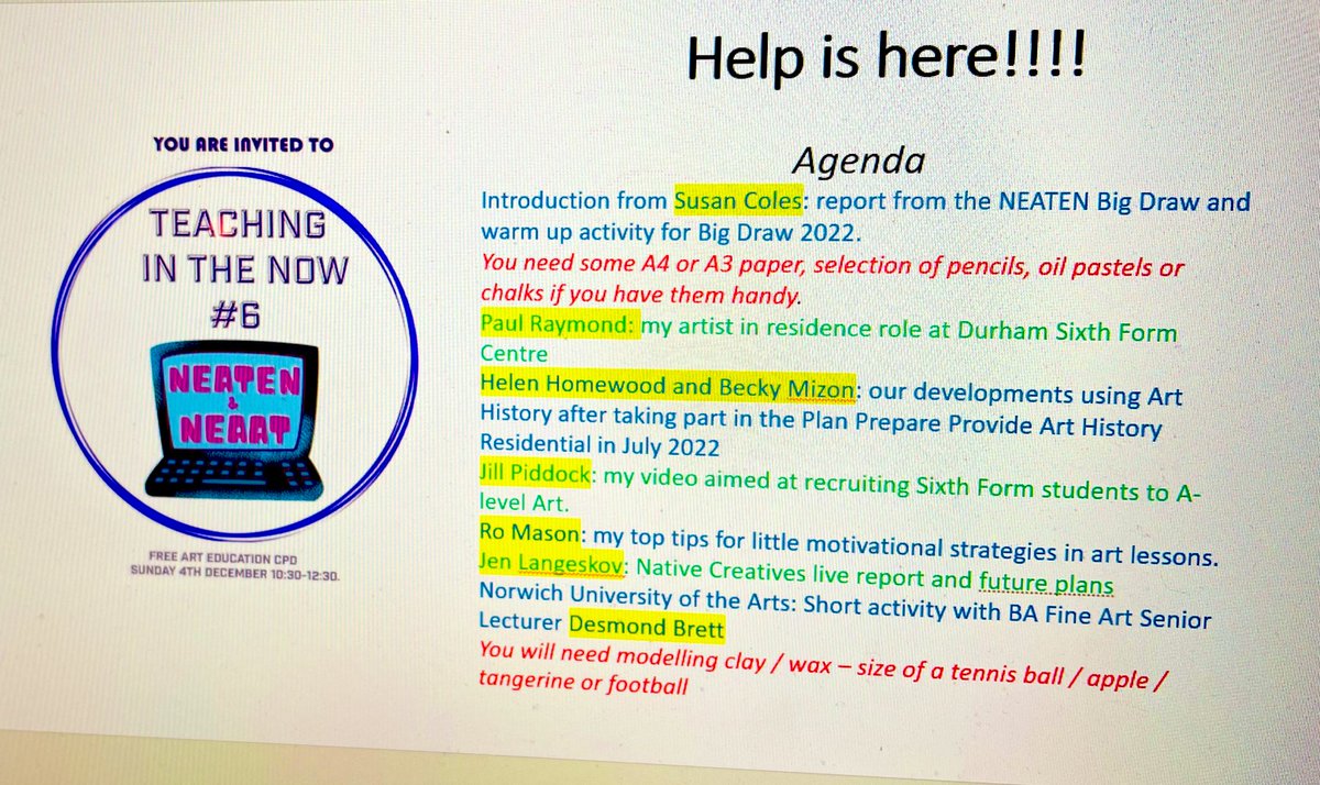 theartcriminal's tweet photo. A wonderful group of speakers today and a wide and varied audience too for #TeachingInTheNow #6 online. Teachers teaching teachers. #artteachers @NEAAT3 @NEATENart @NorwichUniArts @InSEAOfficial @MrsMizonArt   @accessart @BobandRoberta @AnneQuinton https://t.co/YhS4LUllCw