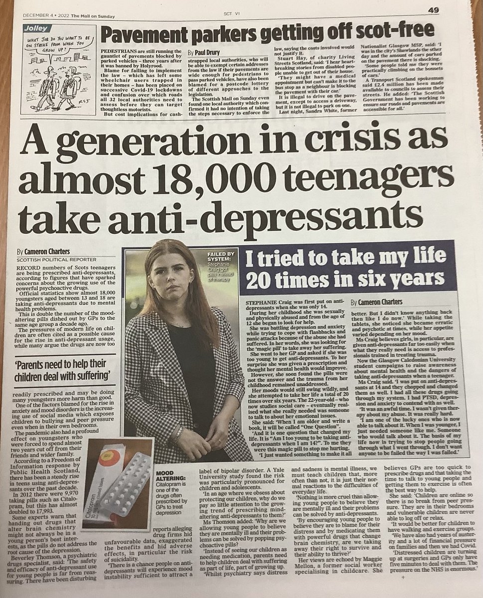 recovery&renewal (@recover2renew) on Twitter photo Scottish Mail on Sunday 4 Dec 2022
A generation in crisis as almost 18000 teenagers in Scotland take #antidepressants
By Cameron Charters
With <a href="/Antidepressed1/">Beverley Thomson</a> Scottish Mail on Sunday 4 Dec 2022
A generation in crisis as almost 18000 teenagers in Scotland take #antidepressants
By Cameron Charters
With <a href="/Antidepressed1/">Beverley Thomson</a>