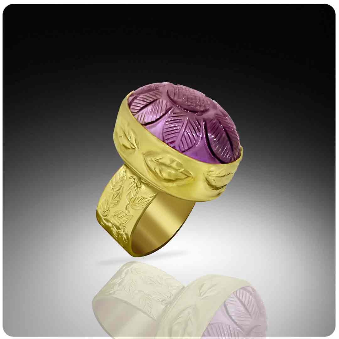 Windblown Ring in 22K #chasingandrepousse #ancienttechniques #ancientinspiration #natureinjewelry #leafrings #carvedamethyst #handcraftedgoldearrings #wedding jewelry #handcraftedearrings #highkaratgold #