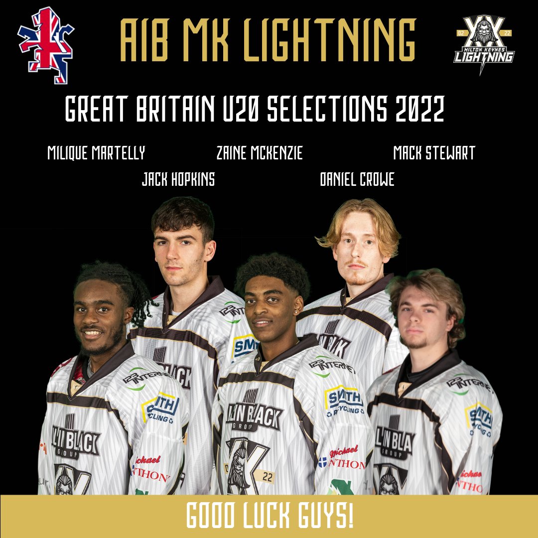Good luck🍀 to 5 of the AIB MKL hockey family who are heading off with GB 🇬🇧 for the IIHF World U20’s Div. 2A Champs in Kaunas, Lithuania 🇱🇹 from the 6th -18th December.

Well done 🙌 to:
#12 Zaine McKenzie
#23 Jack Hopkins
#31 Daniel Crowe
#33 Milique Martelly
#95 Mack Stewart