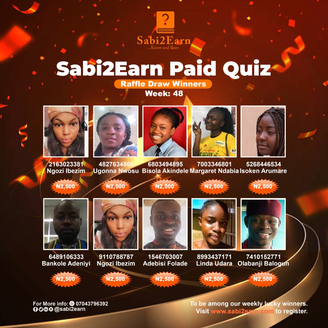 Sabi2Earn's tweet photo. Week 48 raffle winners💃💃💃.
Congratulations to you all😊.
.
You also can participate when you play on https://t.co/P38nYlwjSn (link in bio)
.
.
#sabi2earn #TheExperience17 | Jesus | Tech Bro | Church | Olaiya Igwe | Akpororo | Shiloh | Ladipoe https://t.co/MQ8xQFNB9w