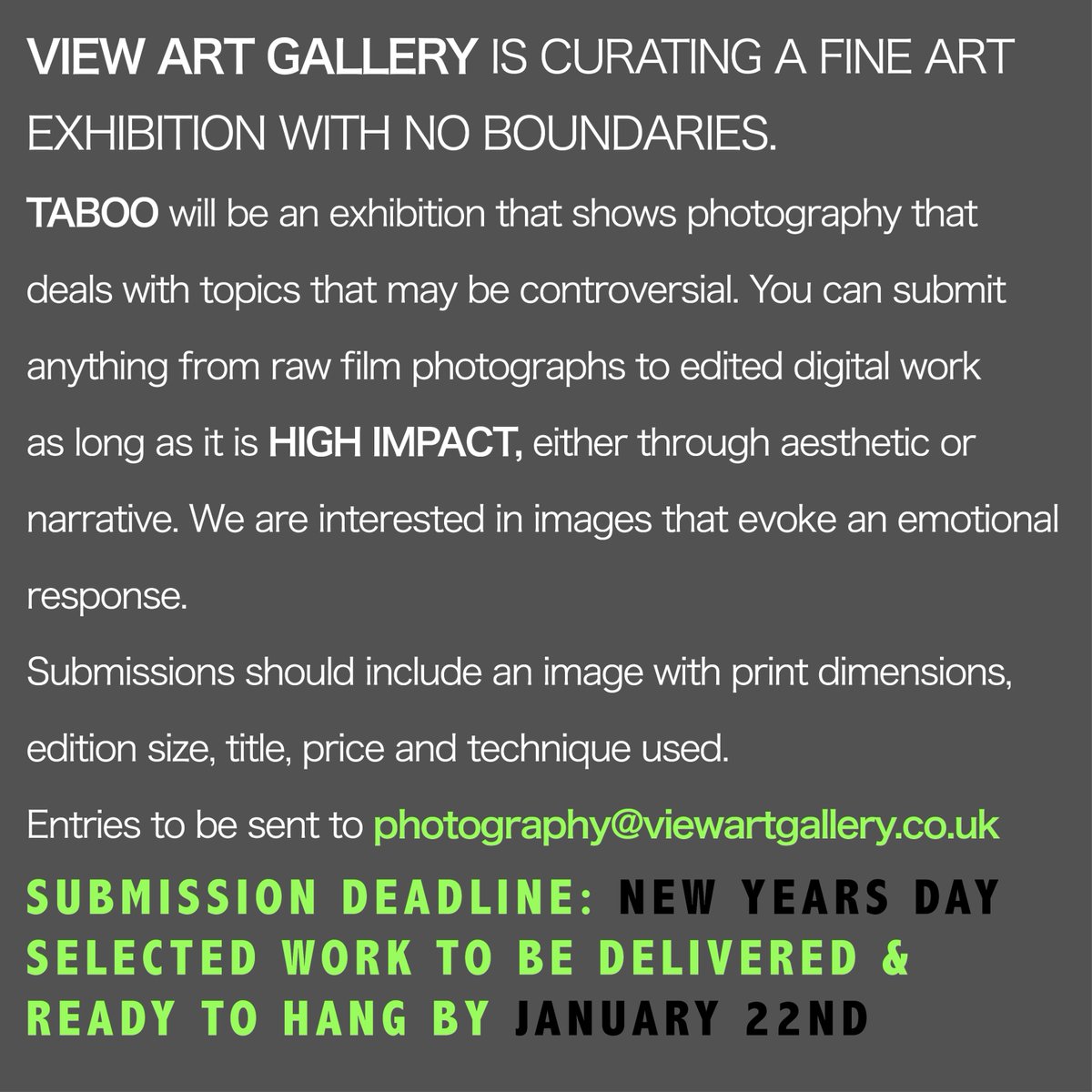 Are you a photographer that examines concepts through their work? We want to give you a platform in our new, thought-provoking exhibition around the topic of TABOO. Deadline: New Years Day.
Show us what you've got!
#photography #calltoartists #bristol