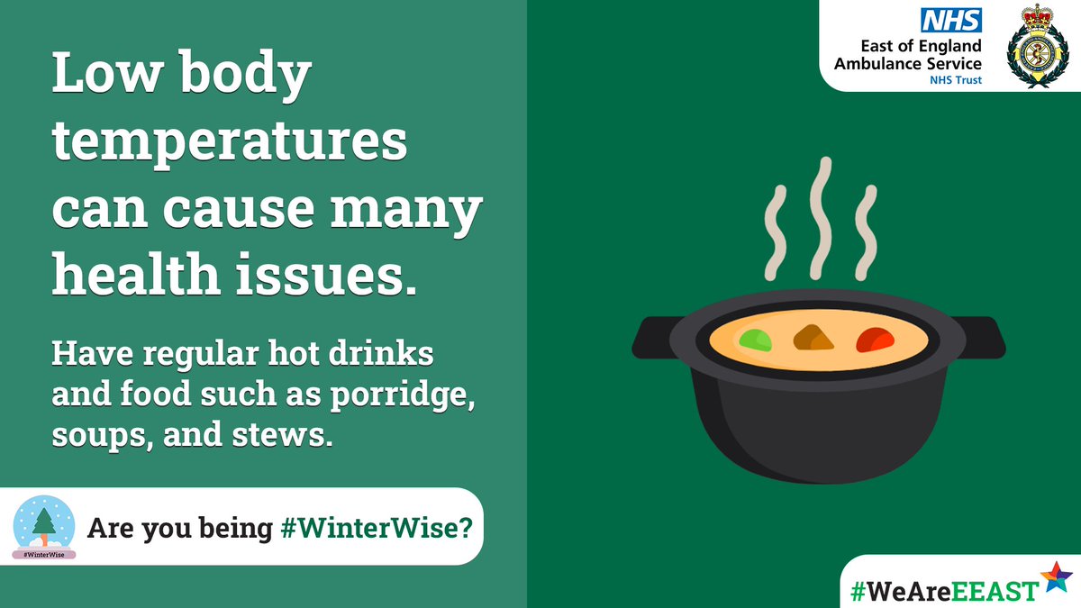 Low body temperatures can cause many health issues… 🌡️

Try and have regular hot drinks and food, such as porridge, soups, and stews!

Are you being #WinterWise?