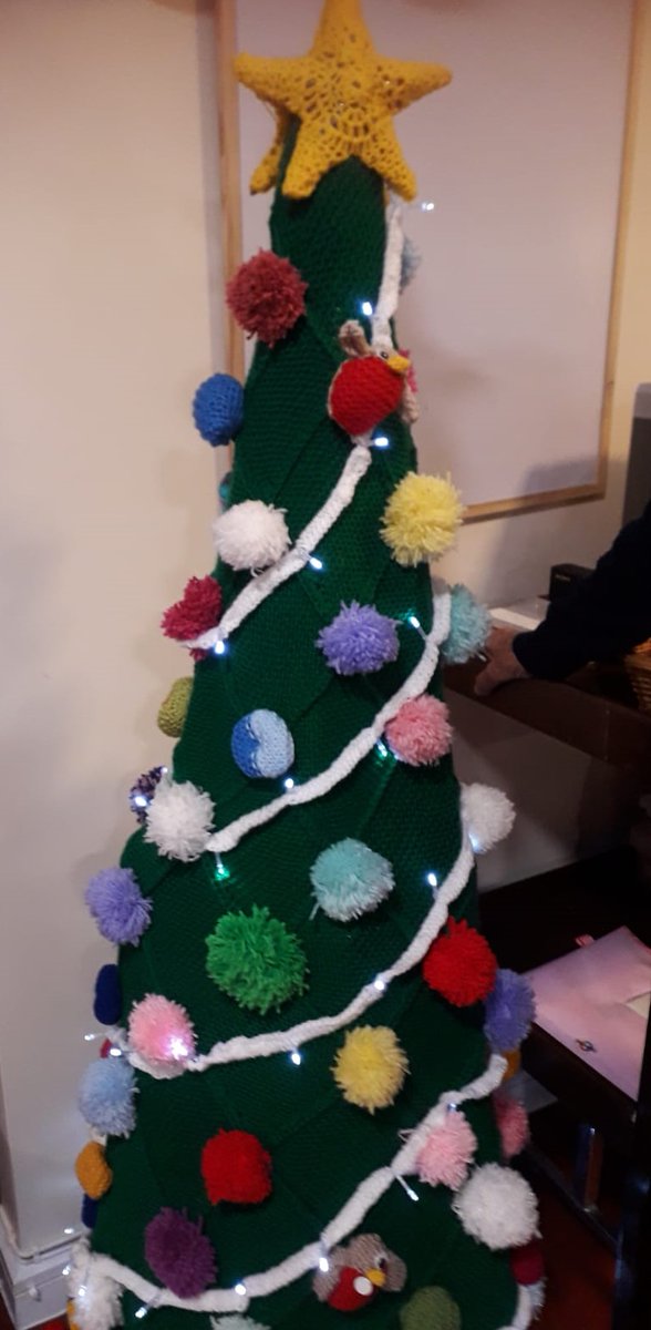 NationalSpringC's tweet photo. Well done to the residence at McCauley's nursing home in #Limerick for knitting this innovative Christmas tree with LED lights! Great work gang and thank you to @LimerickEnviron for sharing this photo with us! #SDGsIrl #SpringClean22 #Christmas https://t.co/7jWYPx9Pk3